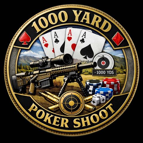 Shoot Lucky crest: a precision rifle in front of playing cards and a 1,000-yard target